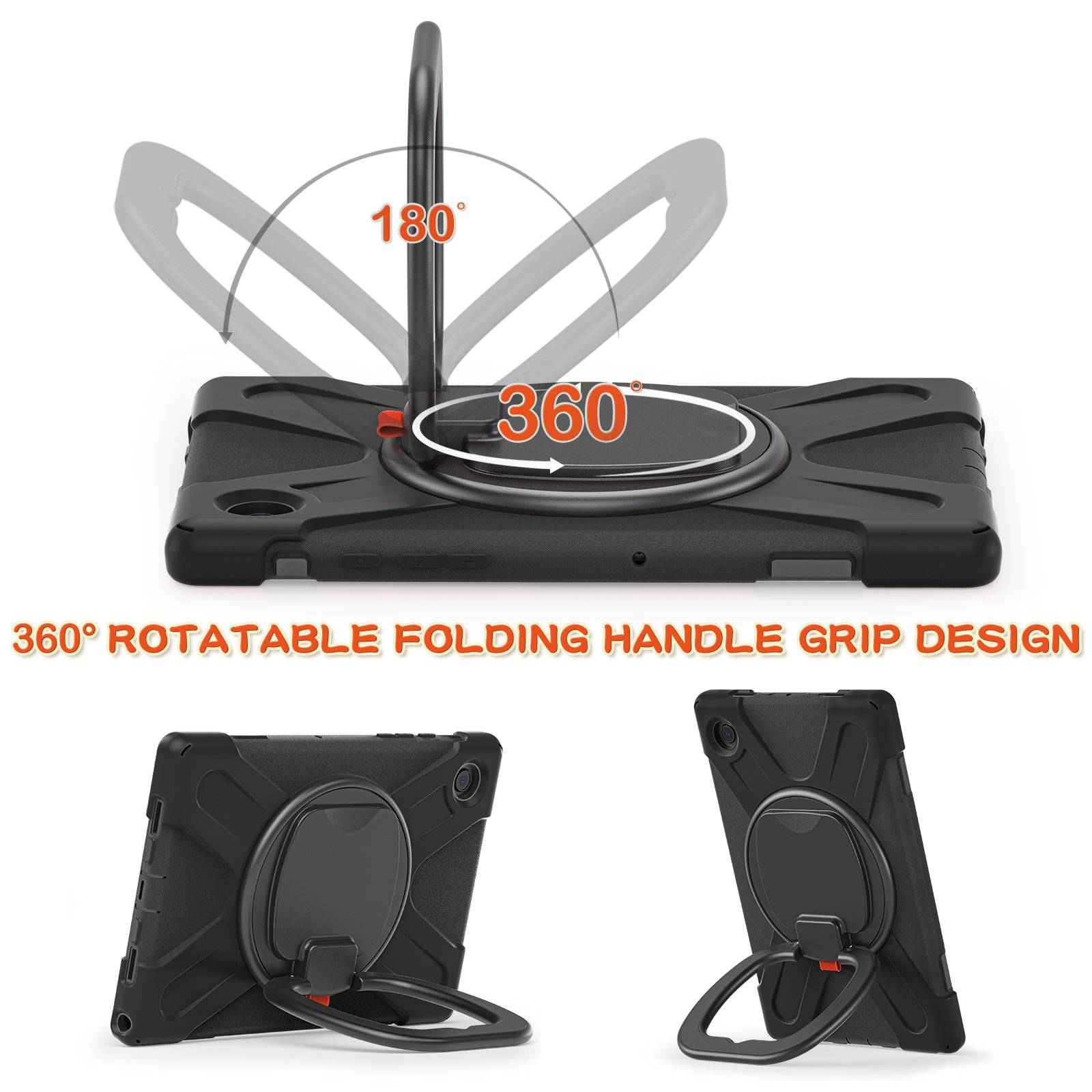 360° rotatable folding handle grip design on Samsung Tablet A8 X200 Protective Case, offering flexible positioning for hands-free viewing and carrying.